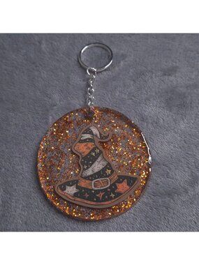 Witch Hat Glitter Resin Keychain Halloween Charm Handmade Gift 2.75 In Diameter